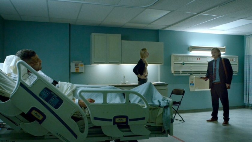 Karen and Foggy inside of Frank Castle's Metro-General Hospital room.