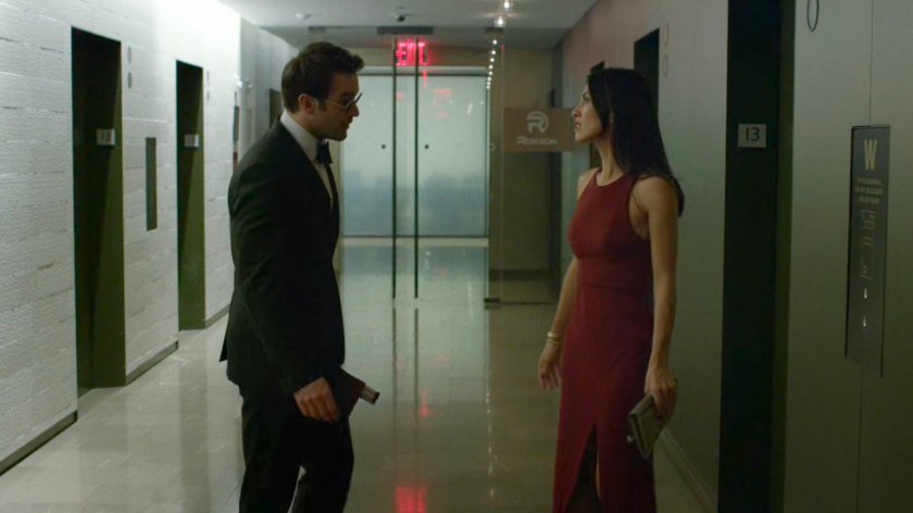 Matt and Elektra in the elevator lobby on the 13th floor of the Yakatomi Building.