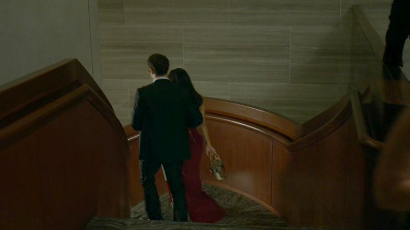 Matt and Elektra descending stairs at Roxxon Gala.