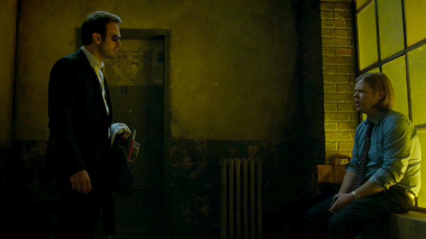 Matt and Foggy in the hallway outside Matt's apartment.