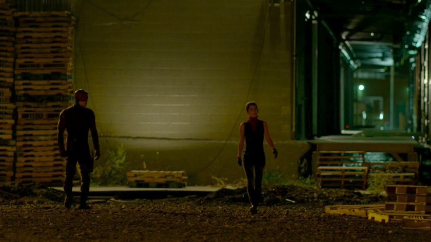 Daredevil and Elektra investigate the Bay Ridge Rail Yard.