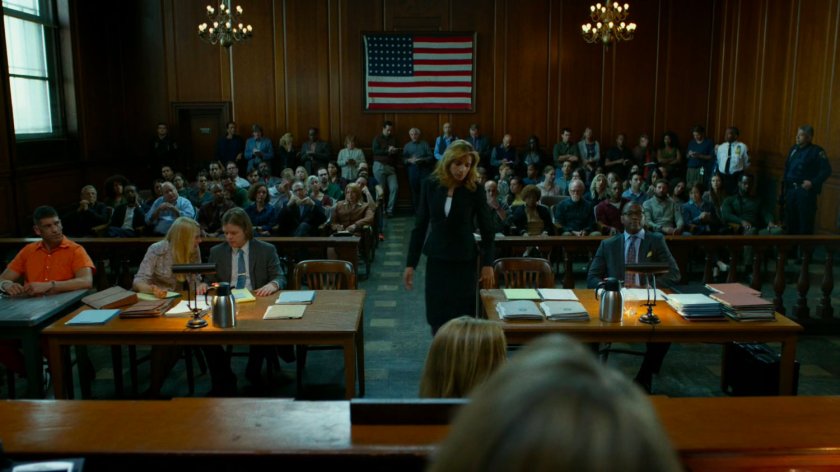 View of the packed courtroom for the trial of The Punisher.