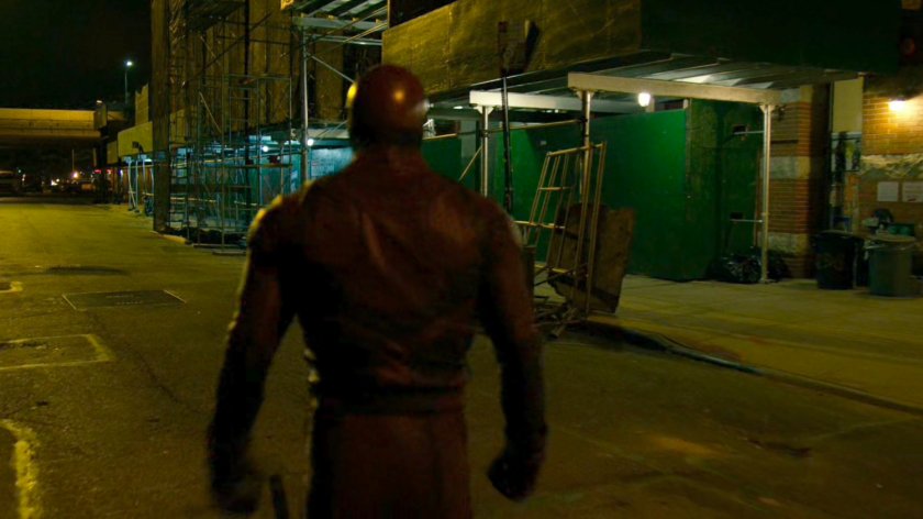 Daredevil walking towards Midland Circle construction site.