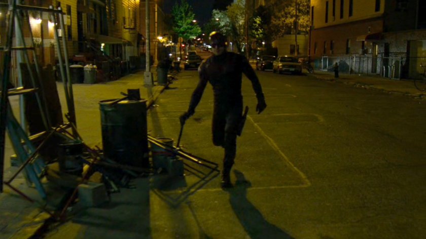 Daredevil walking towards Midland Circle construction site.