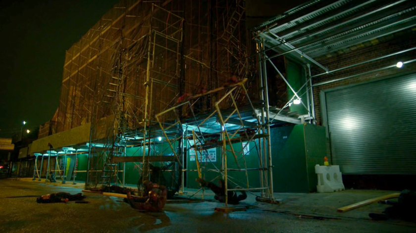 Daredevil fighting Yakuza outside Midland Circle construction site.