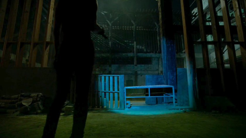 Elektra shining flashlight beam on Midland Circle construction site.