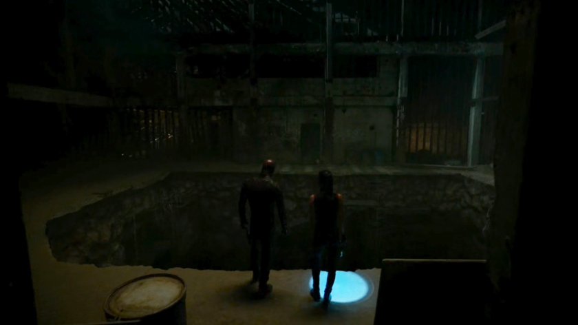 Daredevil and Elektra by large pit in Midland Circle construction site.