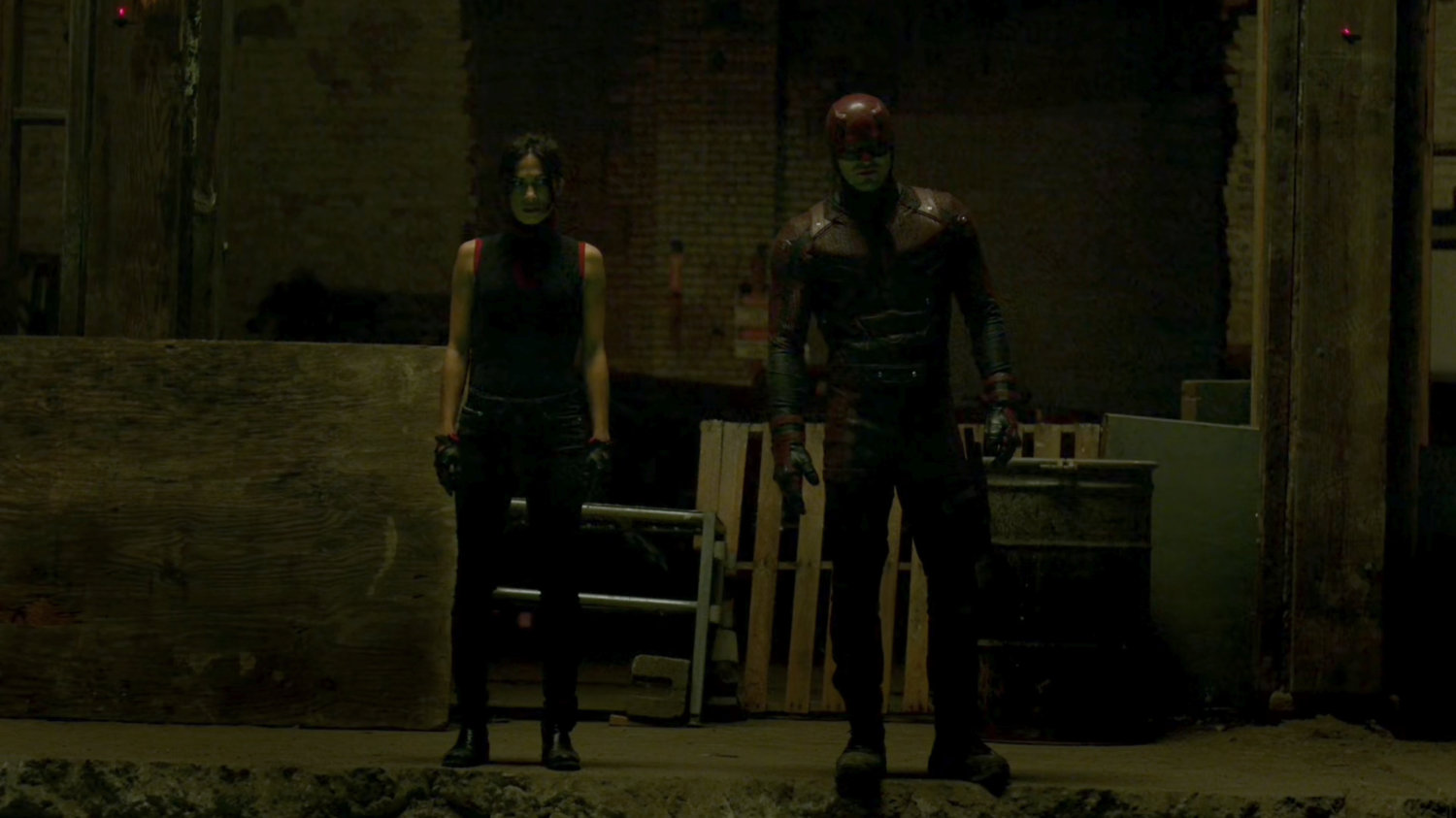 Daredevil and Elektra by large pit in Midland Circle construction site.