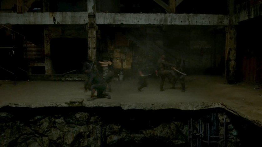 Daredevil and Elektra fight The Hand ninjas by large pit in Midland Circle construction site.