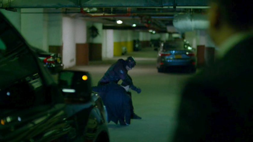 Daredevil attacking bodyguard in Yakatomi parking garage.