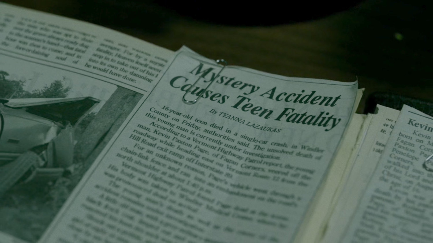 Closeup of article about Karen's brothers death.