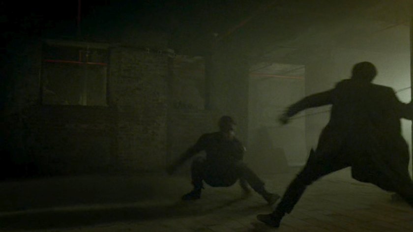 Daredevil fights Nobu in the basement of The Farm.