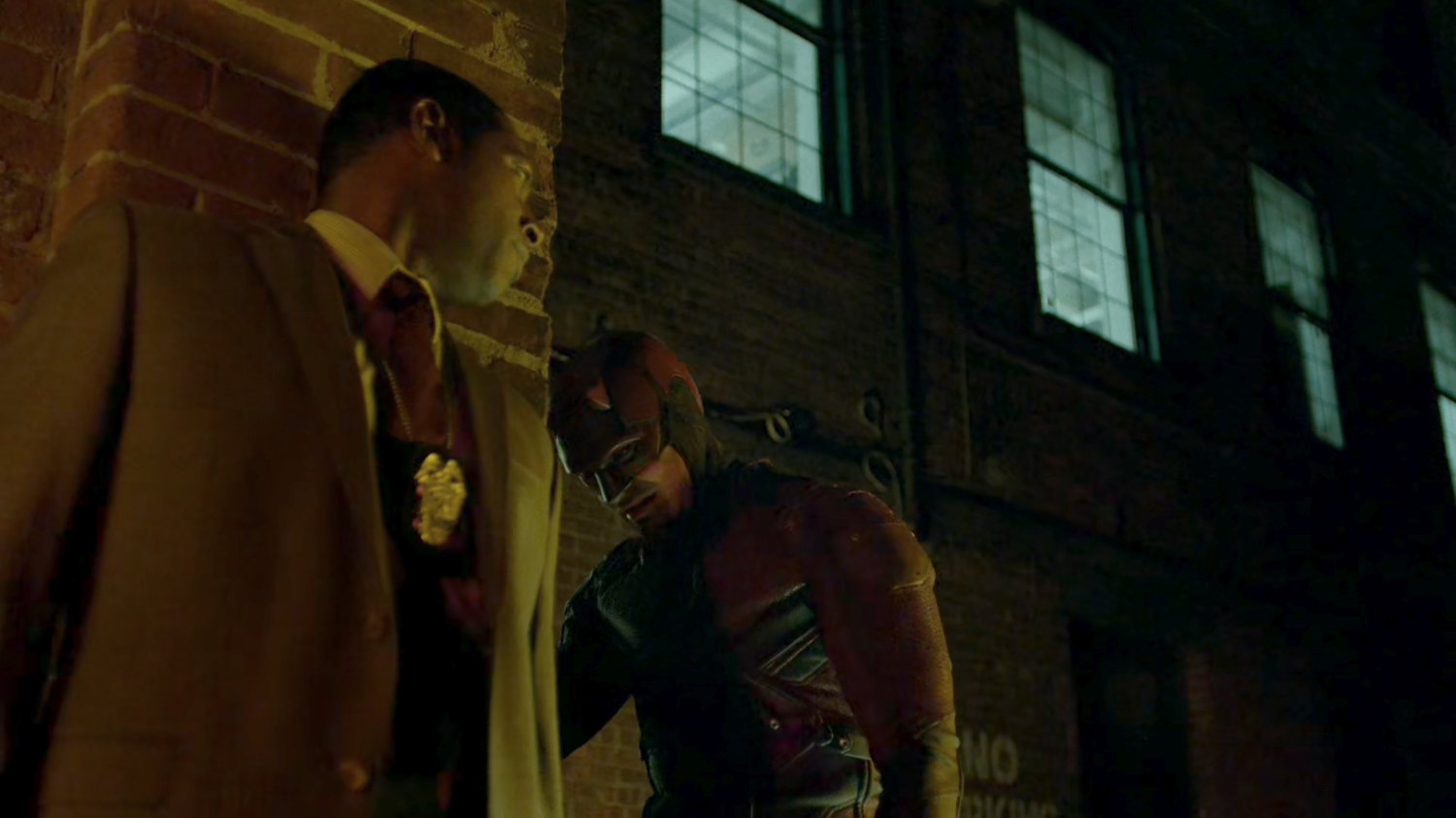 Detective Mahoney and Daredevil outside "The Farm."