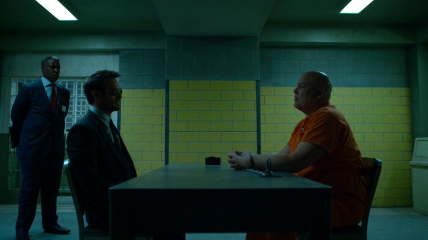 Matt meeting with Wilson Fisk inside Ryker's Island correctional facility.