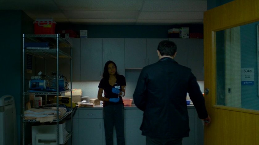 Matt and Claire in a supply room in Metro-General hospital.