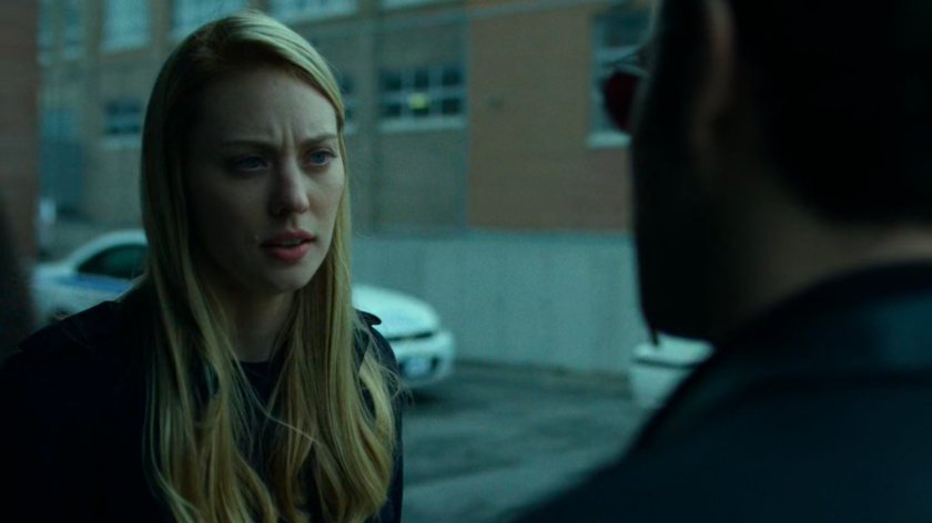 Karen talking to Matt on sidewalk outside 15th Precinct.