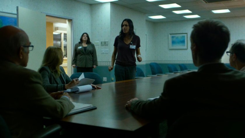 Shirley and Claire in the administrative meeting room of Metro-General hospital.