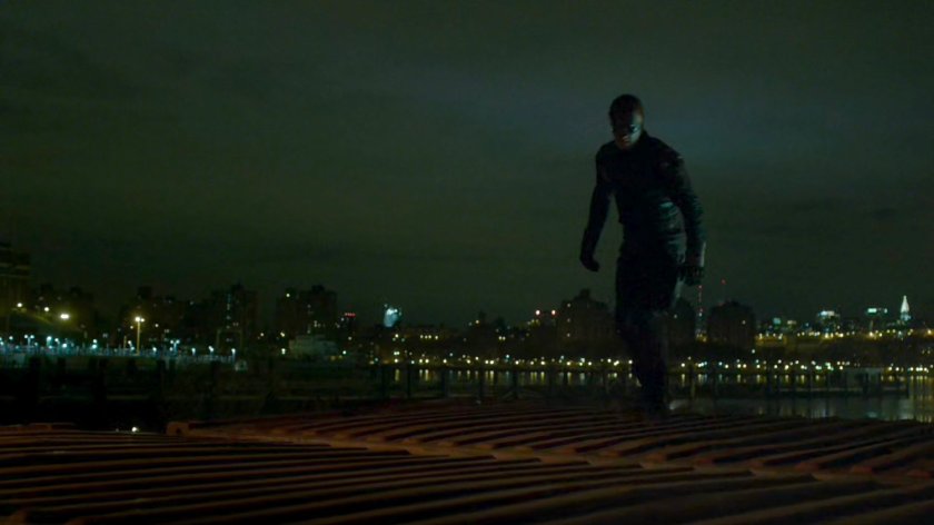 Daredevil on shipping container above Pier 81.