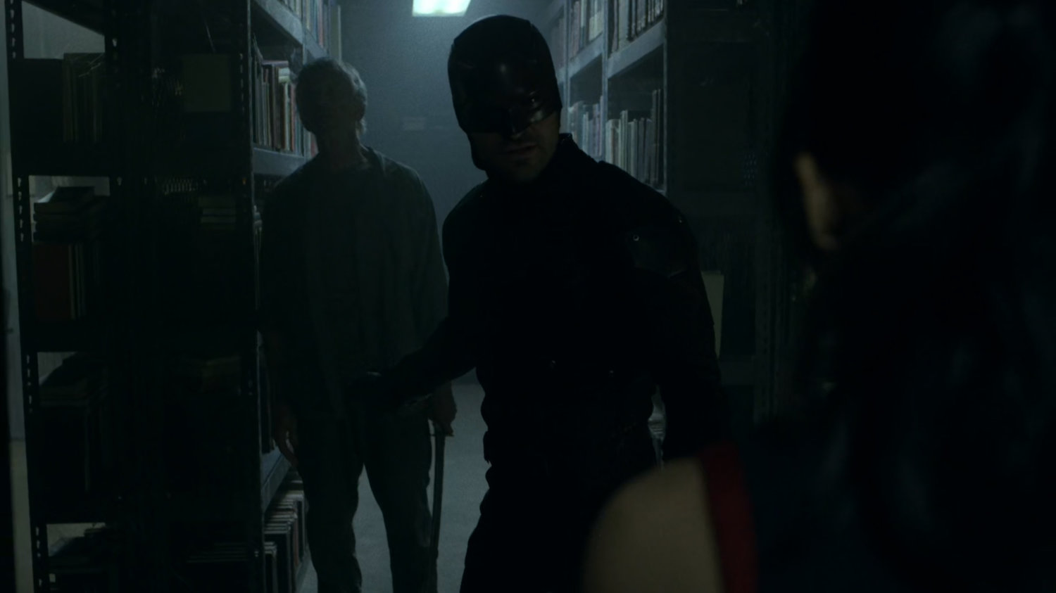 Stick, Daredevil, and Elektra in the Chaste library.
