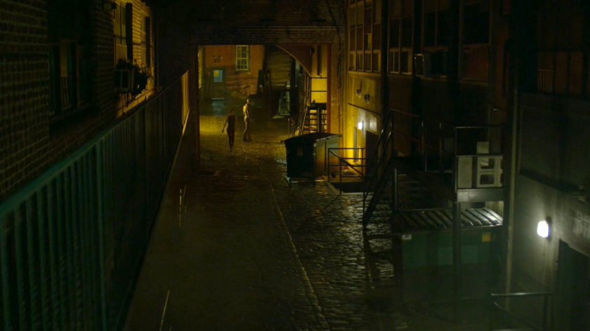 Daredevil and Elektra in the alley outside the Chaste headquarters.