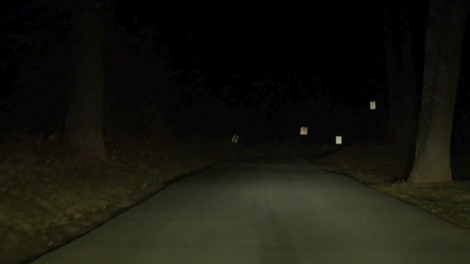 A dark, wooded road.