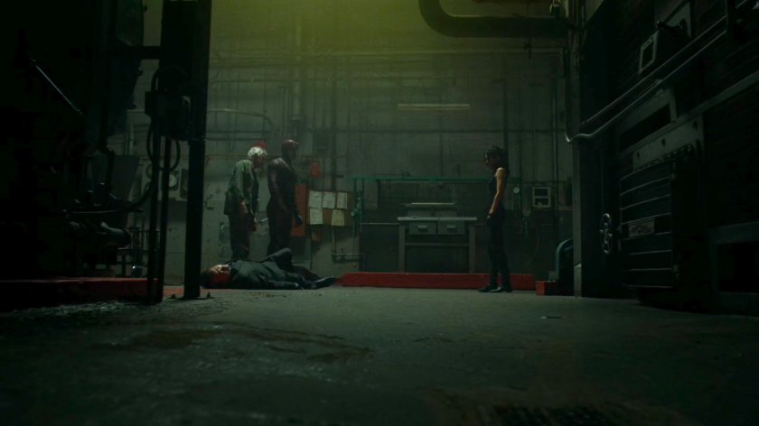 Daredevil, Stick, and Elektra in an abandoned steam plant.