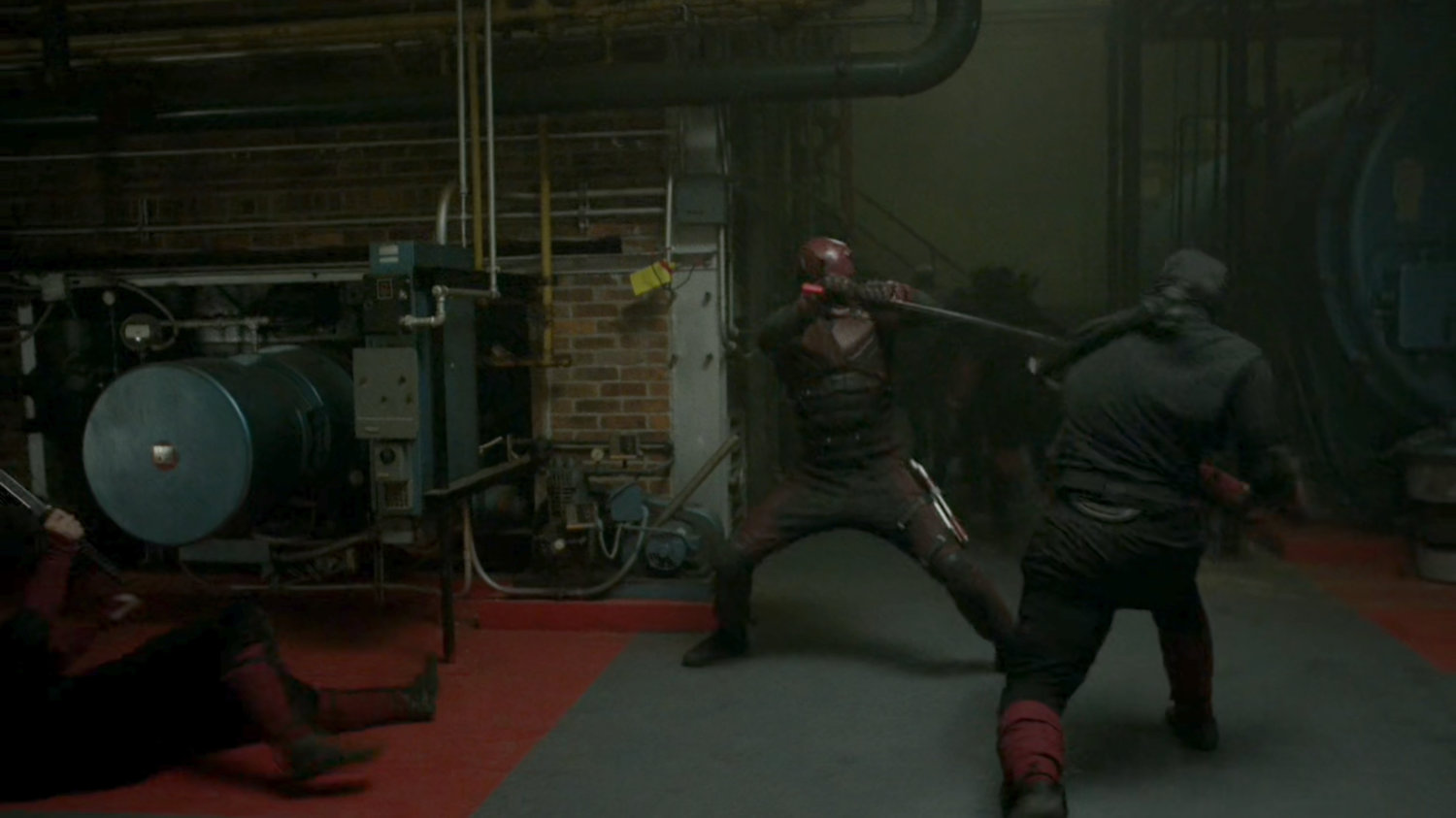 Daredevil, fighting The Hand in an abandoned steam plant.