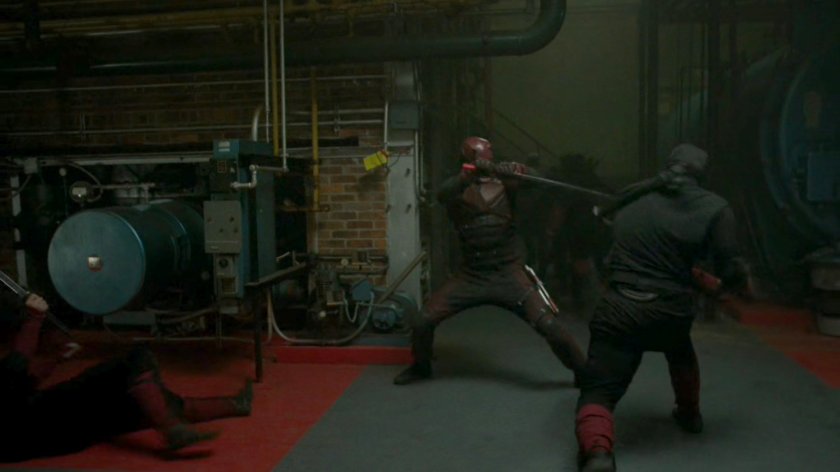 Daredevil, fighting The Hand in an abandoned steam plant.