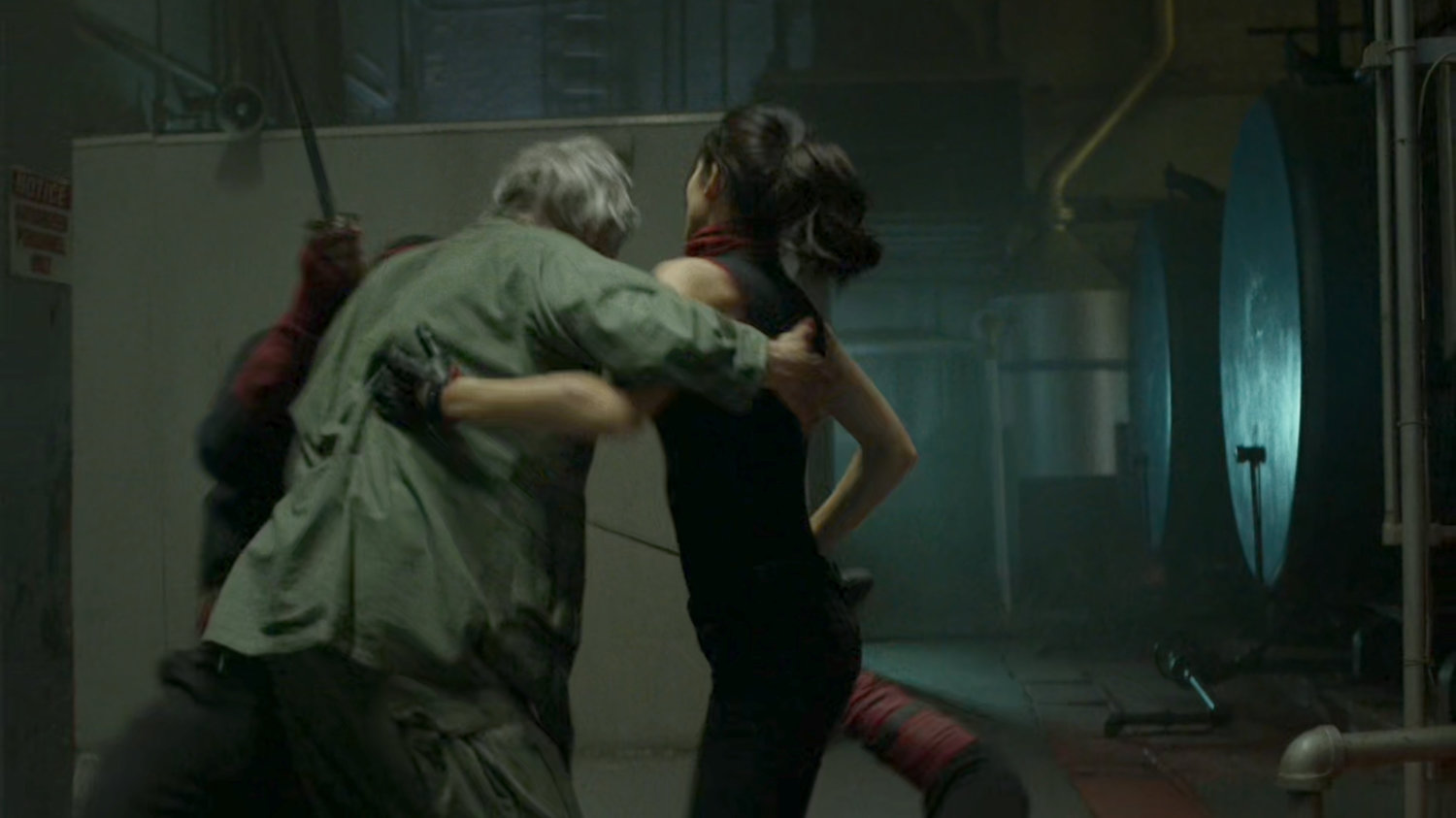 Elektra helping Stick out of an abandoned steam plant.
