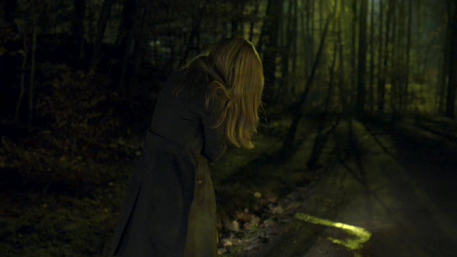 Karen stumbles from her car on a dark, wooded road.