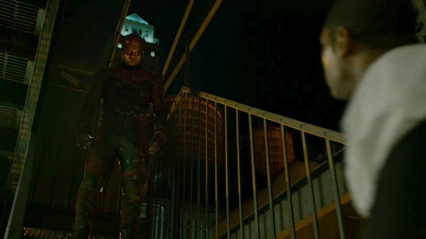 Brett Mahoney and Daredevil on the fire escape outside the 15th Precinct.