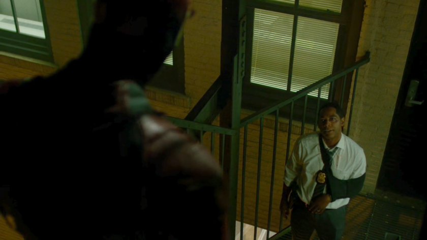 Brett Mahoney and Daredevil on the fire escape outside the 15th Precinct.