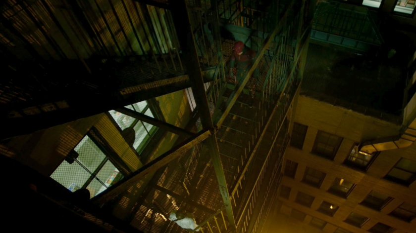Brett Mahoney and Daredevil on the fire escape outside the 15th Precinct.