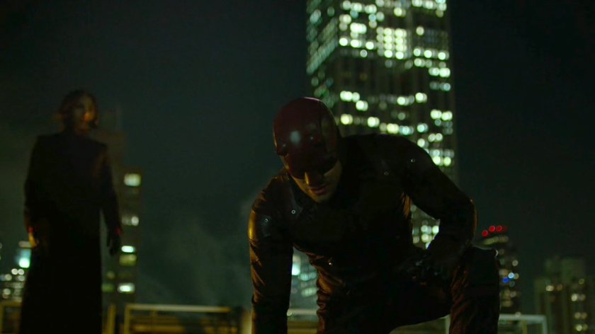 Elektra and Daredevil on a New York rooftop.