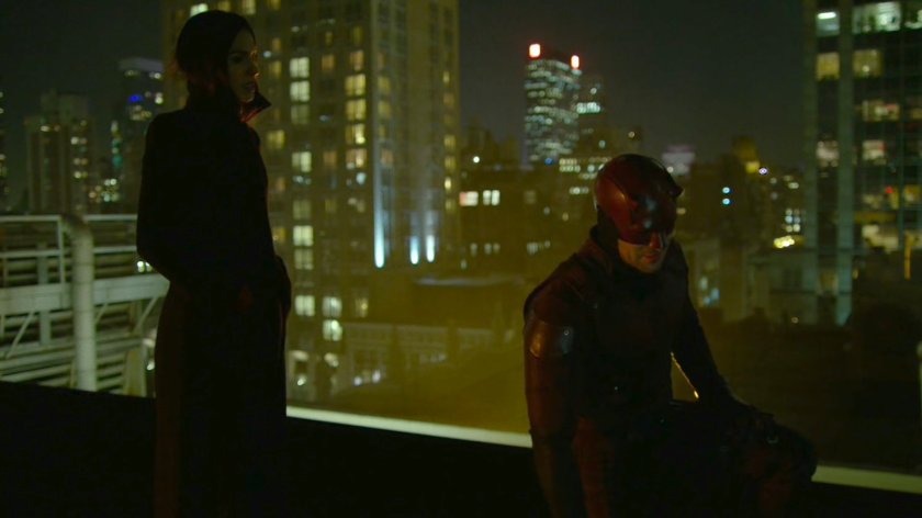 Elektra and Daredevil on a New York rooftop.