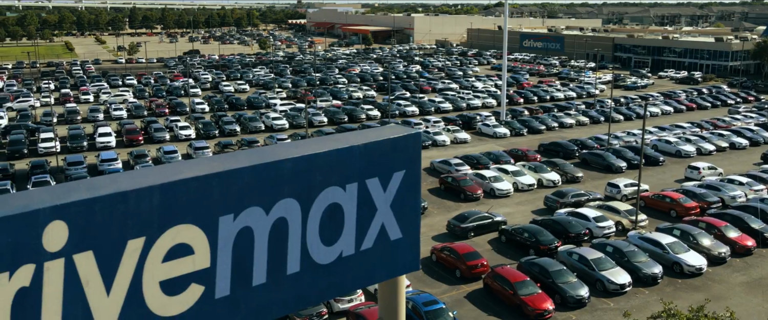 Aerial view of Drivemax used car lot.