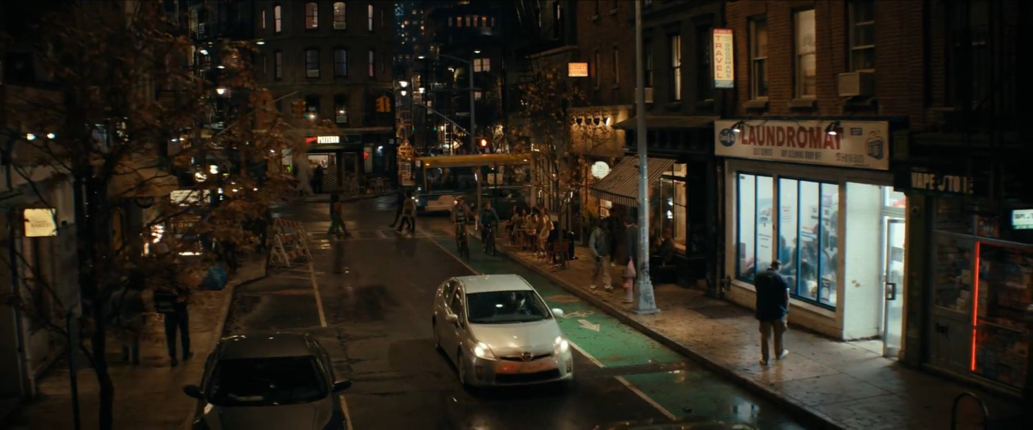 High angle night time view of city street.