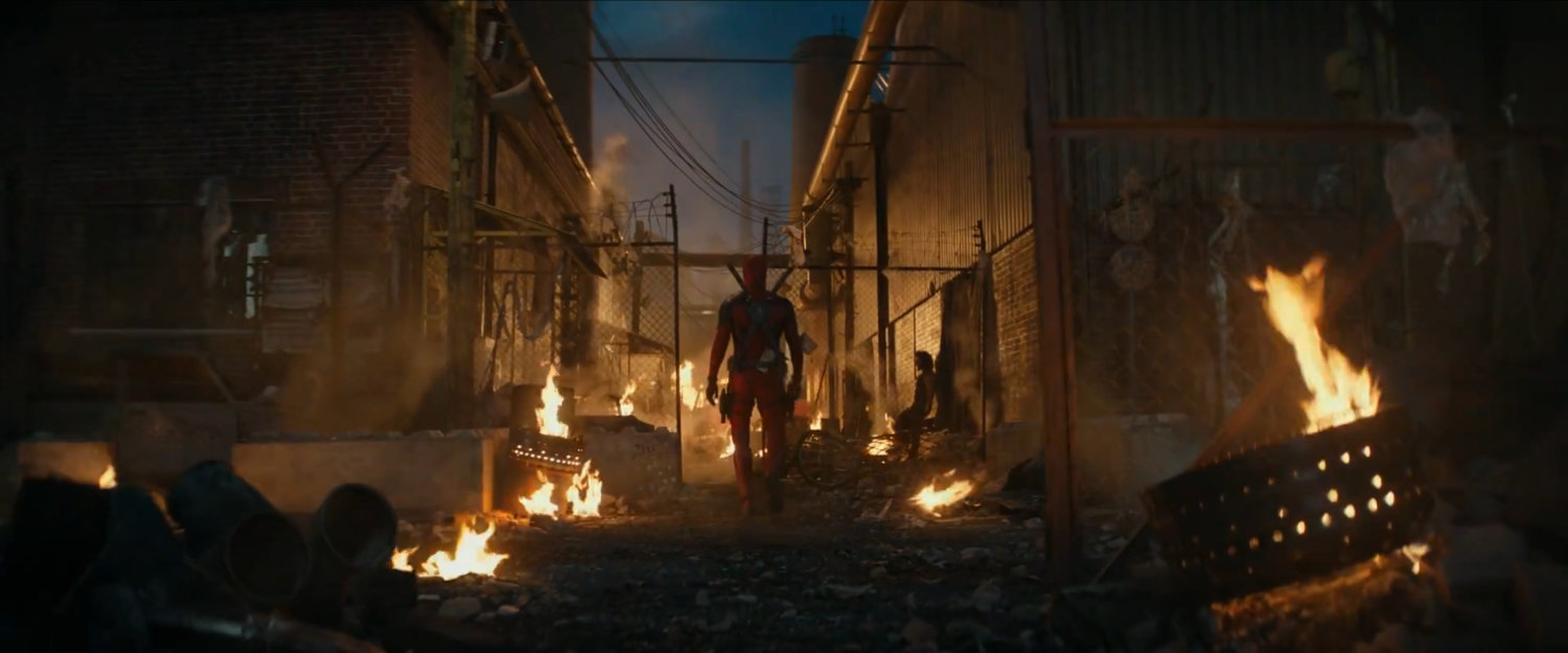 Deadpool walking into apocalyptic alley.