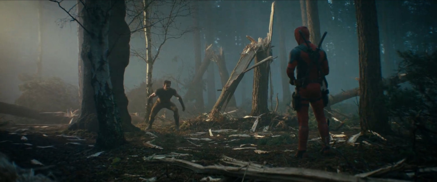 Deadpool in woods with Byrne-costume Wolverine.