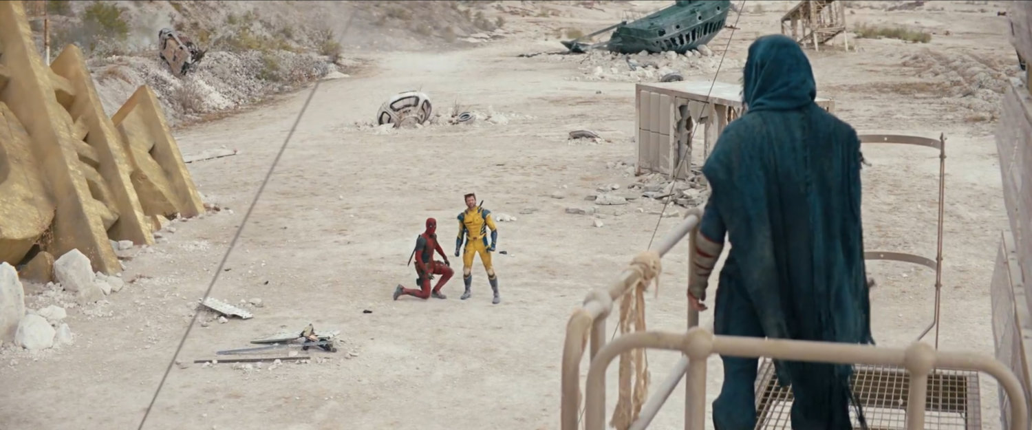 Wolverine and Deadpool in the Void looking up at Johnny Storm.