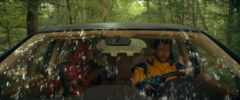 Wolverine and Deadpool in minivan in the Borderlands.