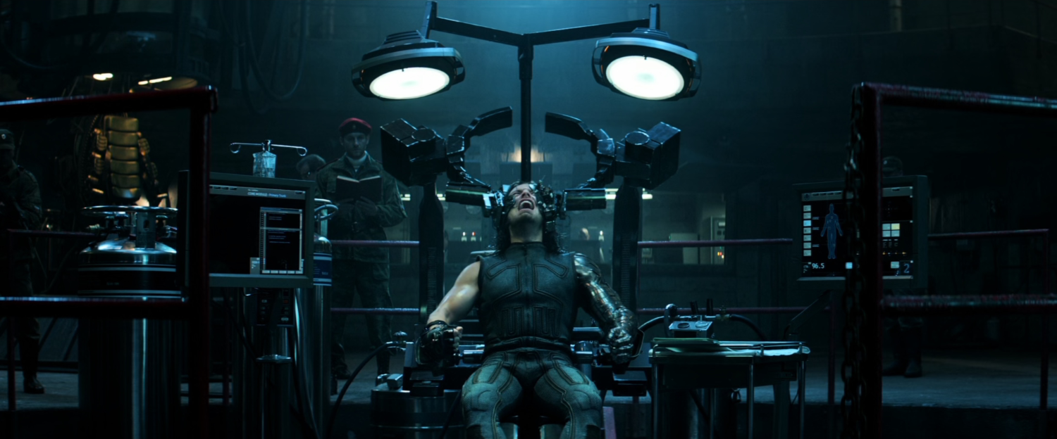 Bucky in a chair at Winter Soldier base in an old Siberian missile silo.