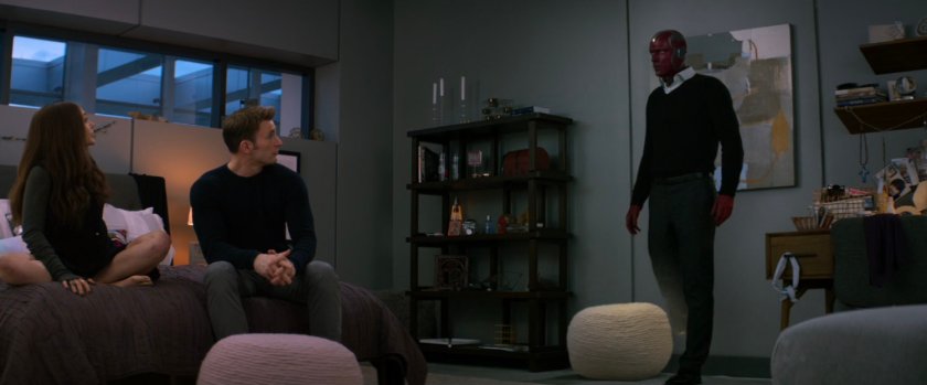 Wanda, Steve, and Vision in Wanda's room at Avengers HQ.