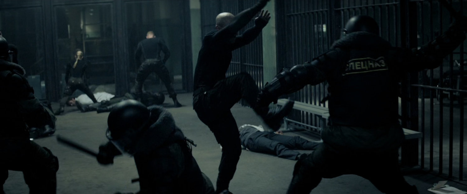 Winter Soldiers and guards fight in a prison section of Siberian facility.