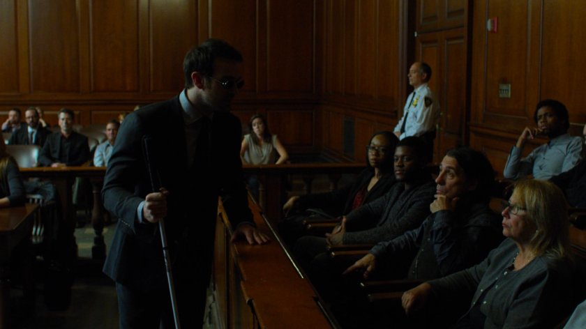 Matt Murdock speaks to the jury in courtroom.