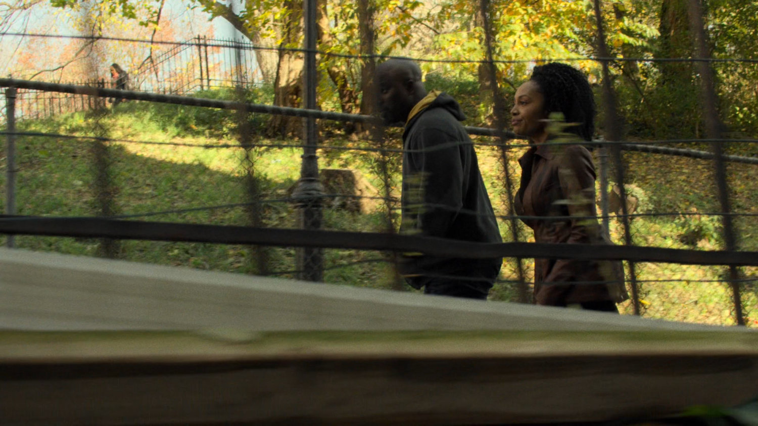 Luke and Misty walk along Harlem alley by park.