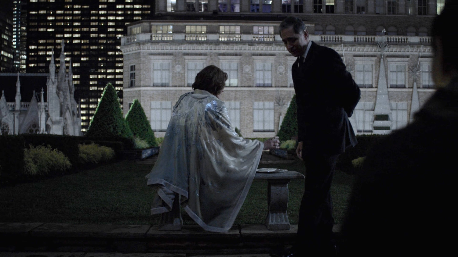 Alexandra and man on the Rockefeller rooftop garden.