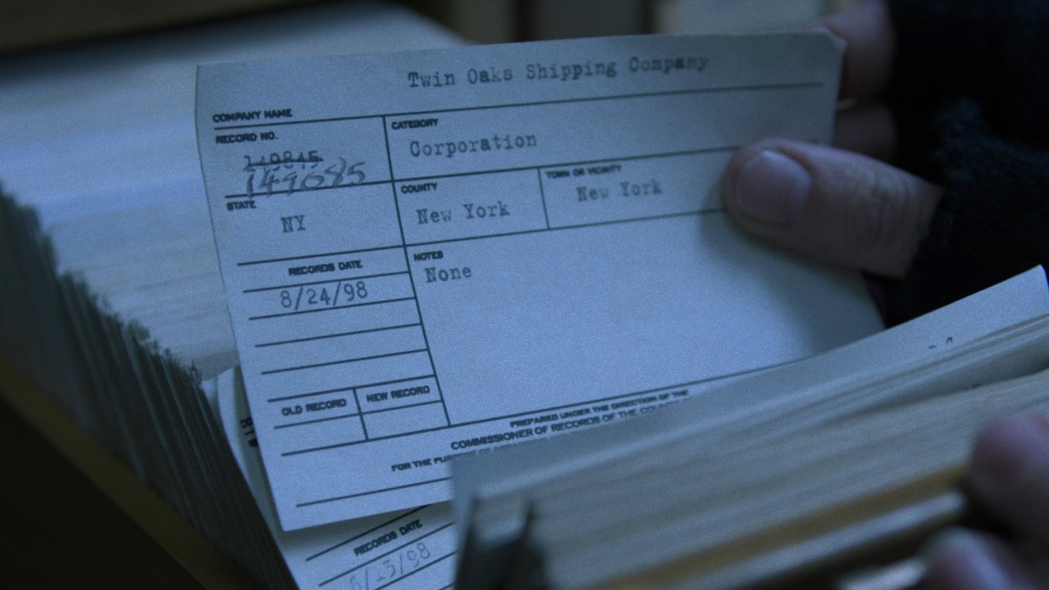 Close-up of card for the Twin Oaks Shipping Company in the New York Archives.