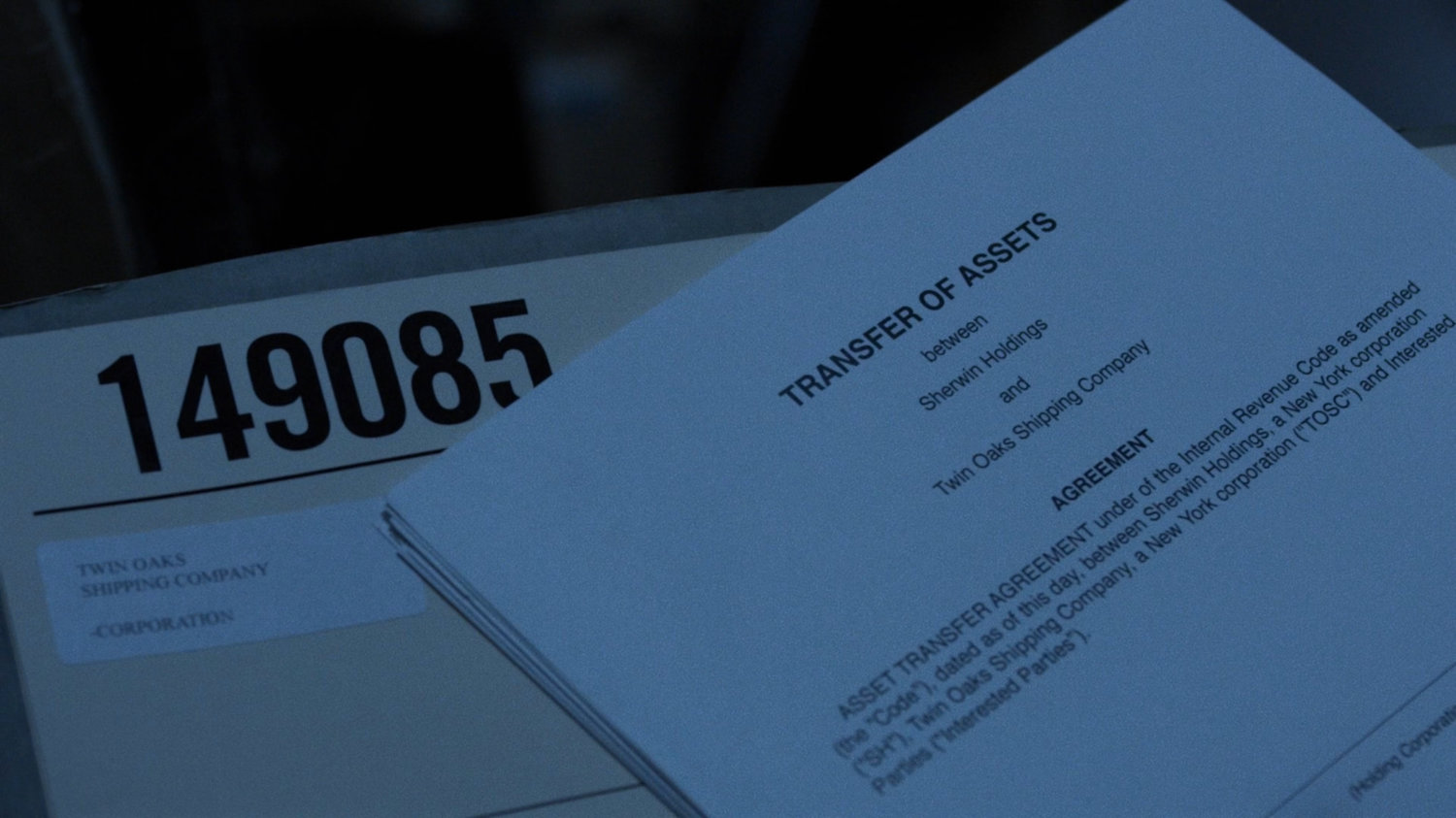 Close-up of transfer of assets for the Twin Oaks Shipping Company in the New York Archives.