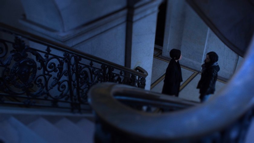 Jeri Hogarth and Jessica at the foot of stairs at the New York Archives.